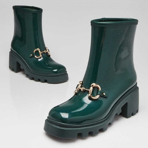 Gucci Green Rubber Short Horsebit Lug Sole Low Boots Size 6.5/37 - Picture 2 of 6
